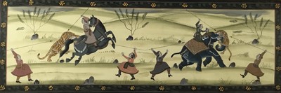 Lot 110 - Indian painting gouache and gold paint on fabric panel - Tiger hunting, 33cm x 101cm, in glazed frame