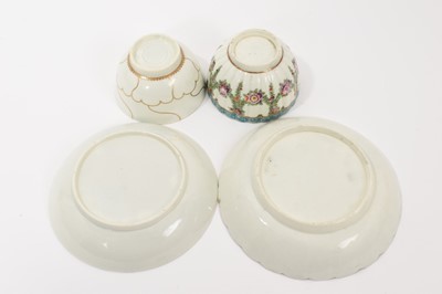 Lot 27 - A Worcester fluted tea bowl and saucer, circa 1775, polychrome painted with swags of flowers in Hop Trellis style, on turquoise scale ground, the saucer 13.5cm diameter, together with a Queen's...