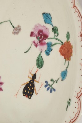 Lot 26 - A Worcester dish, circa 1770, painted in the Astley or Harvest Bug pattern, with flower and stem moulded handles, red-enamelled edge, 16.25cm wide Ex Wells collection