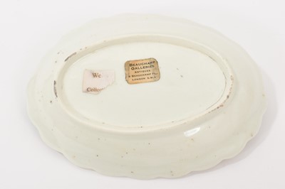 Lot 26 - A Worcester dish, circa 1770, painted in the Astley or Harvest Bug pattern, with flower and stem moulded handles, red-enamelled edge, 16.25cm wide Ex Wells collection