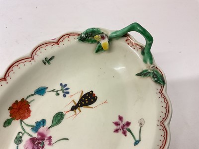 Lot 26 - A Worcester dish, circa 1770, painted in the Astley or Harvest Bug pattern, with flower and stem moulded handles, red-enamelled edge, 16.25cm wide Ex Wells collection