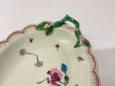 Lot 26 - A Worcester dish, circa 1770, painted in the Astley or Harvest Bug pattern, with flower and stem moulded handles, red-enamelled edge, 16.25cm wide Ex Wells collection