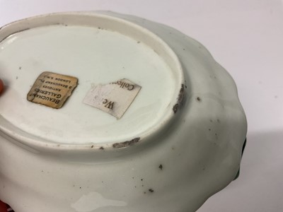 Lot 26 - A Worcester dish, circa 1770, painted in the Astley or Harvest Bug pattern, with flower and stem moulded handles, red-enamelled edge, 16.25cm wide Ex Wells collection