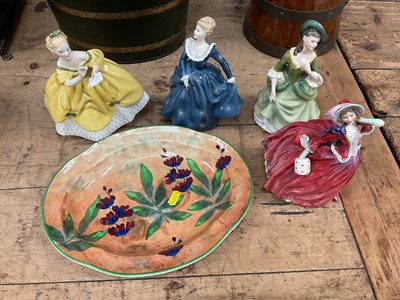 Lot 30 - Four Royal Doulton figures of ladies, and a Royal Doulton dish