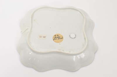 Lot 19 - A Worcester dish, circa 1770, of square scalloped form, polychrome painted with spotted fruit, gilt rim, 20cm across Ex-Crane Collection
