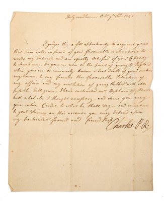 Lot Autograph letter by Charles Edward Louis John Sylvester Maria Casimit Stuart ‘Bonnie Prince Charlie’