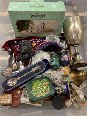 Lot 364 - Collection of various thimbles, silver plated items, coins and medallions, other items and a horn handled walking stick with a silver collar