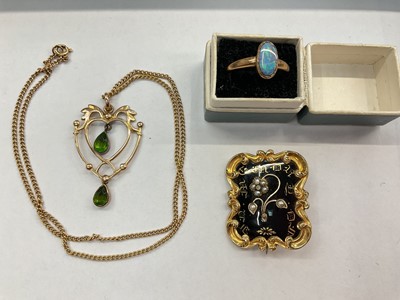 Lot 1001 - Victorian yellow metal and black enamel mourning brooch, Edwardian 9ct gold open work peridot pendant on 9ct gold chain and 9ct gold opal doublet ring