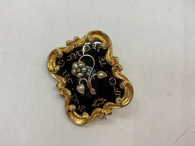 Lot 1001 - Victorian yellow metal and black enamel mourning brooch, Edwardian 9ct gold open work peridot pendant on 9ct gold chain and 9ct gold opal doublet ring