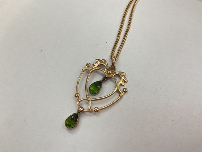 Lot 1001 - Victorian yellow metal and black enamel mourning brooch, Edwardian 9ct gold open work peridot pendant on 9ct gold chain and 9ct gold opal doublet ring