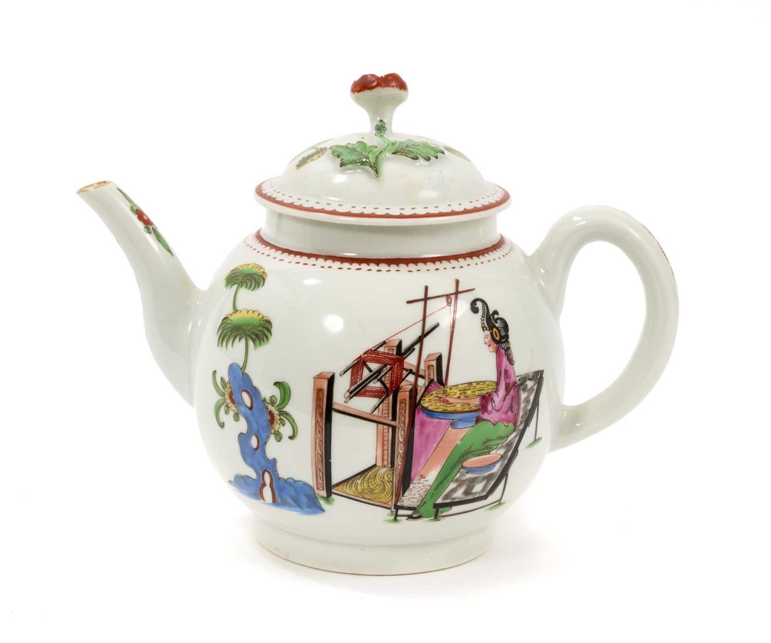 Lot 16 - A Worcester teapot, circa 1768, polychrome painted in the Chinese style with the Lady at the Loom pattern, depicting a lady with extravagant hairstyle seated at a loom, with crowfoot border, 12....