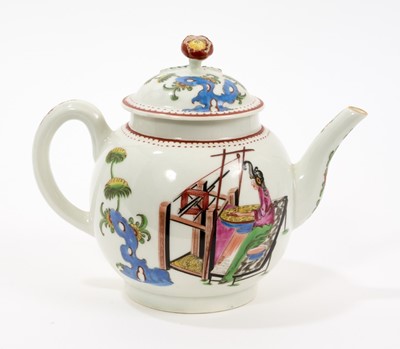 Lot 16 - A Worcester teapot, circa 1768, polychrome painted in the Chinese style with the Lady at the Loom pattern, depicting a lady with extravagant hairstyle seated at a loom, with crowfoot border, 12....