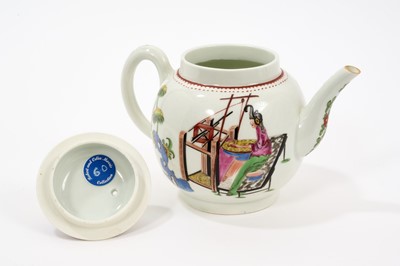 Lot 16 - A Worcester teapot, circa 1768, polychrome painted in the Chinese style with the Lady at the Loom pattern, depicting a lady with extravagant hairstyle seated at a loom, with crowfoot border, 12....