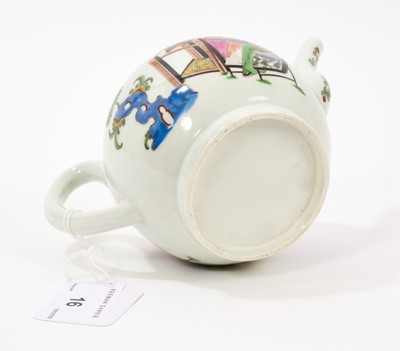 Lot 16 - A Worcester teapot, circa 1768, polychrome painted in the Chinese style with the Lady at the Loom pattern, depicting a lady with extravagant hairstyle seated at a loom, with crowfoot border, 12....