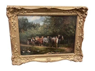 Lot 380 - Samuel J Clarke (1841-1928) oil on canvas, horse team beside a duck pond, signed with initials