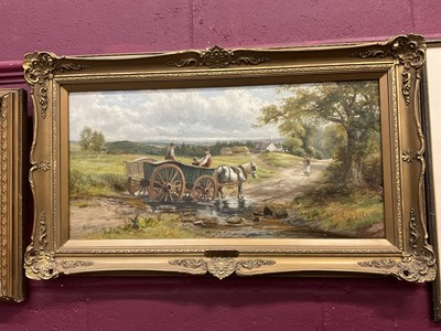 Lot 392 - Alfred Banner, oil on canvas, wagon fording a stream