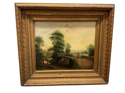 Lot 391 - 19th century oil on board, Footbridge near Helmingham