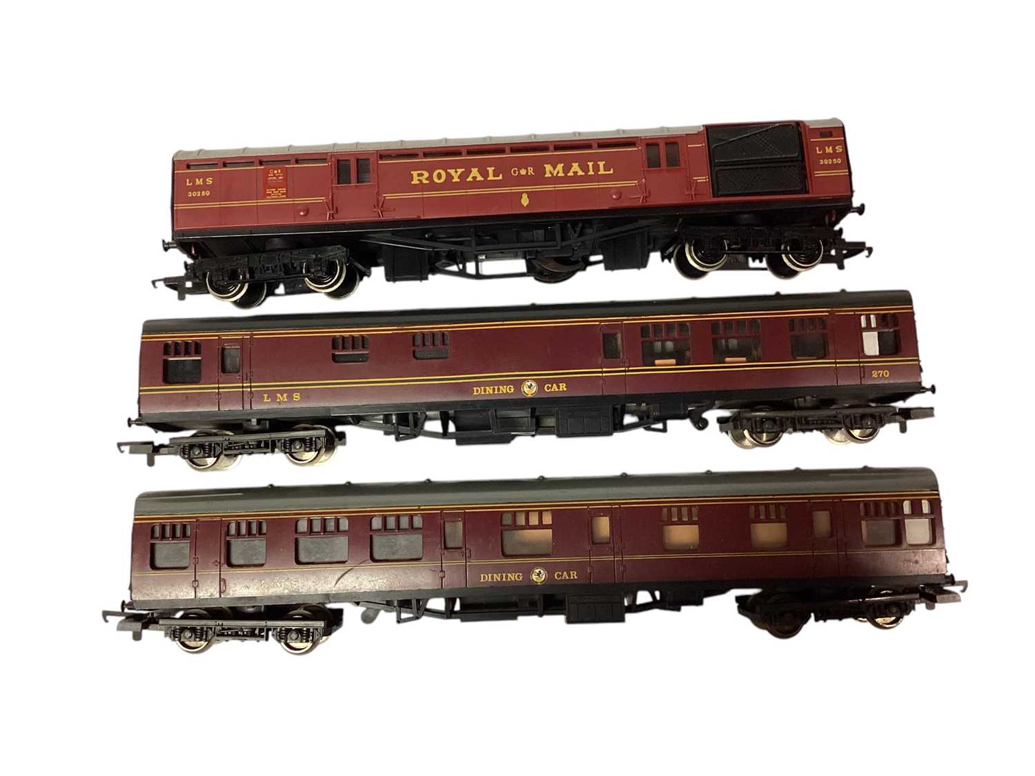 Lot 1827 - Railway OO Gauge loose LMS Parcel Van & Two Dining Cars, Five Brake Coaches/Vans and Five Maroon Coaches (13)