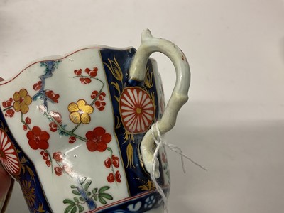 Lot 30 - Three Worcester chocolate cups and saucers, circa 1770, the first decorated in the Queen's pattern, the second Kempthorne (all four pieces with square marks), and the third in turquoise and gilt...