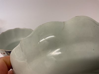 Lot 30 - Three Worcester chocolate cups and saucers, circa 1770, the first decorated in the Queen's pattern, the second Kempthorne (all four pieces with square marks), and the third in turquoise and gilt...