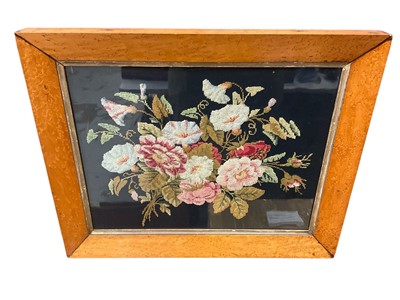 Lot 245 - 19th century woolwork picture, floral group in glazed maple frame