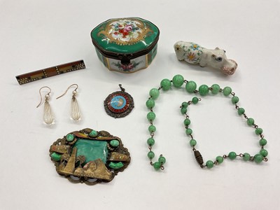 Lot 1007 - 1930s Czechoslovakian 'Egyptian' revival brooch, one other Art Deco style brooch, pair of Edwardian crystal and cultured pearl pendant earrings, 1930 jade glass bead necklace, silver sports meda...