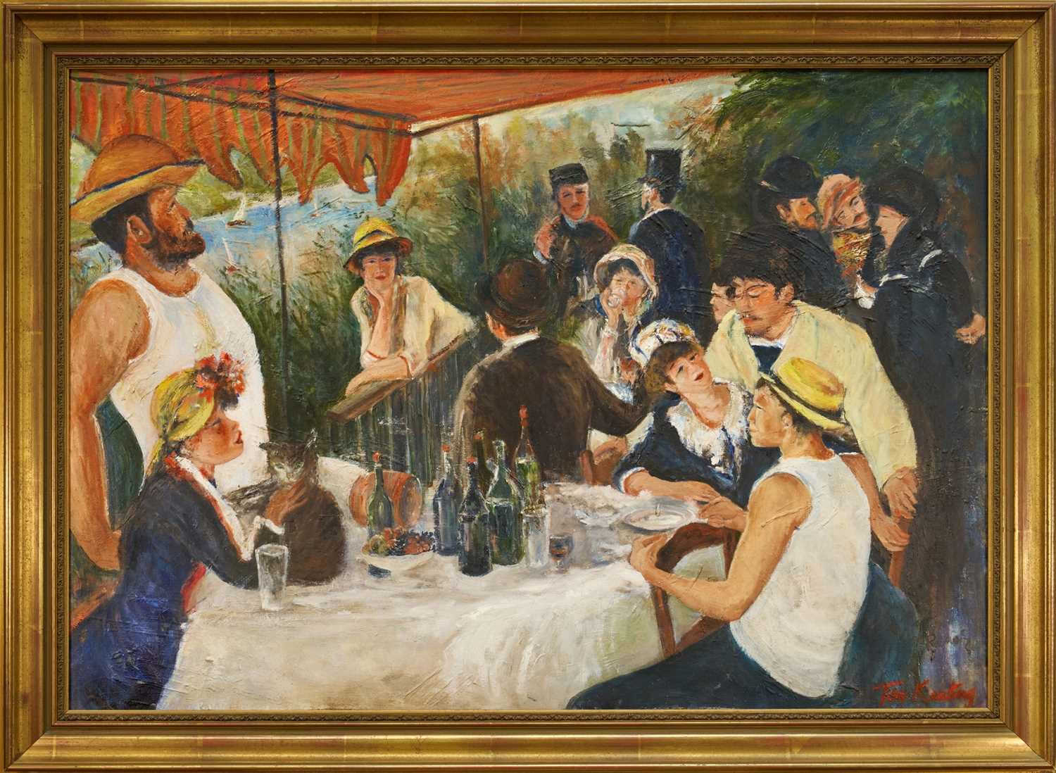 Lot 1264 - *Tom Keating (1917-1984) oil on canvas, The Boating party after Renoir, signed, 70 x 99cm, framed. Provenance: Bonhams Knightsbridge, Tom Keating and Elmyr De Hory sale, 14th August 1991, lot 17,...
