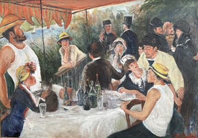 Lot 1264 - *Tom Keating (1917-1984) oil on canvas, The Boating party after Renoir, signed, 70 x 99cm, framed. Provenance: Bonhams Knightsbridge, Tom Keating and Elmyr De Hory sale, 14th August 1991, lot 17,...