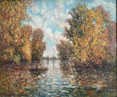 Lot 1263 - *Tom Keating (1917-1984) oil on canvas - The Boating Lake, after Monet, 65cm x 76cm, in gilt frame