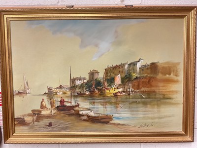 Lot 823 - Terry Burke oil on canvas- shoreline with boats, signed, in gilt frame