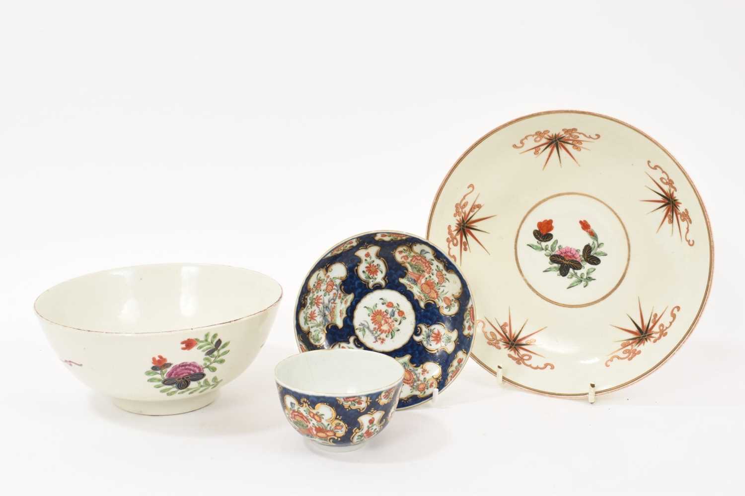 Lot 71 - Worcester slop bowl and stand, circa 1770, painted in the Thunder and Lightning pattern, the bowl with double-ring mark to base, the stand 19cm diameter