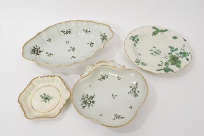 Lot 57 - A Worcester plate, circa 1770, decorated with the Horner of Mells pattern, in the atelier of Giles, together with three other similar pieces, including a oval basketweave di...