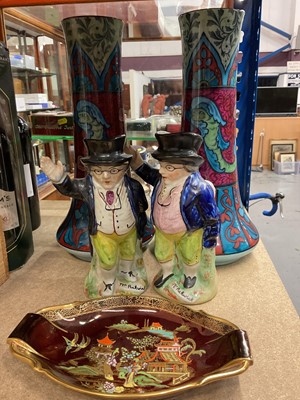 Lot 339 - Two Staffordshire figure jugs- Mr Pickwick, pair of decorative Burslem vases and a Carlton Ware dish