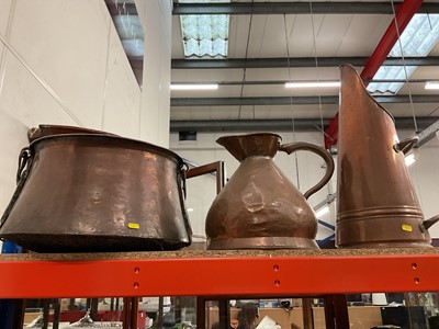 Lot 335 - Large copper coal bucket with swing handles, large copper jug and scuttle (3)