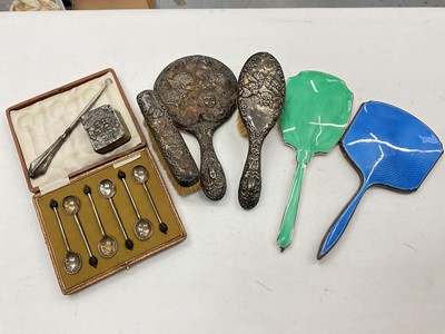 Lot 1128 - Two silver and enamel dressing table mirrors, set of six silver bean end coffee spoons etc