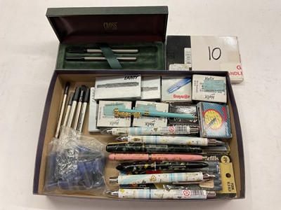 Lot 362 - Box of pens including Sheaffer JR, Waltham, Tiffany & Co ballpoint, commemorative pens, collection of ink cartridges and Montblanc refills