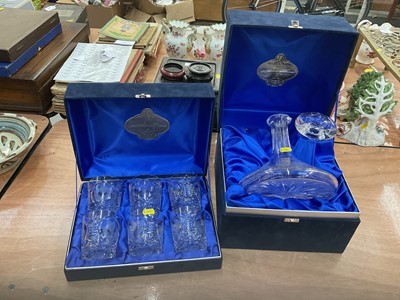 Lot 421 - QEII cutglass ships decanter with stopper in fitted case and set six tumblers in case