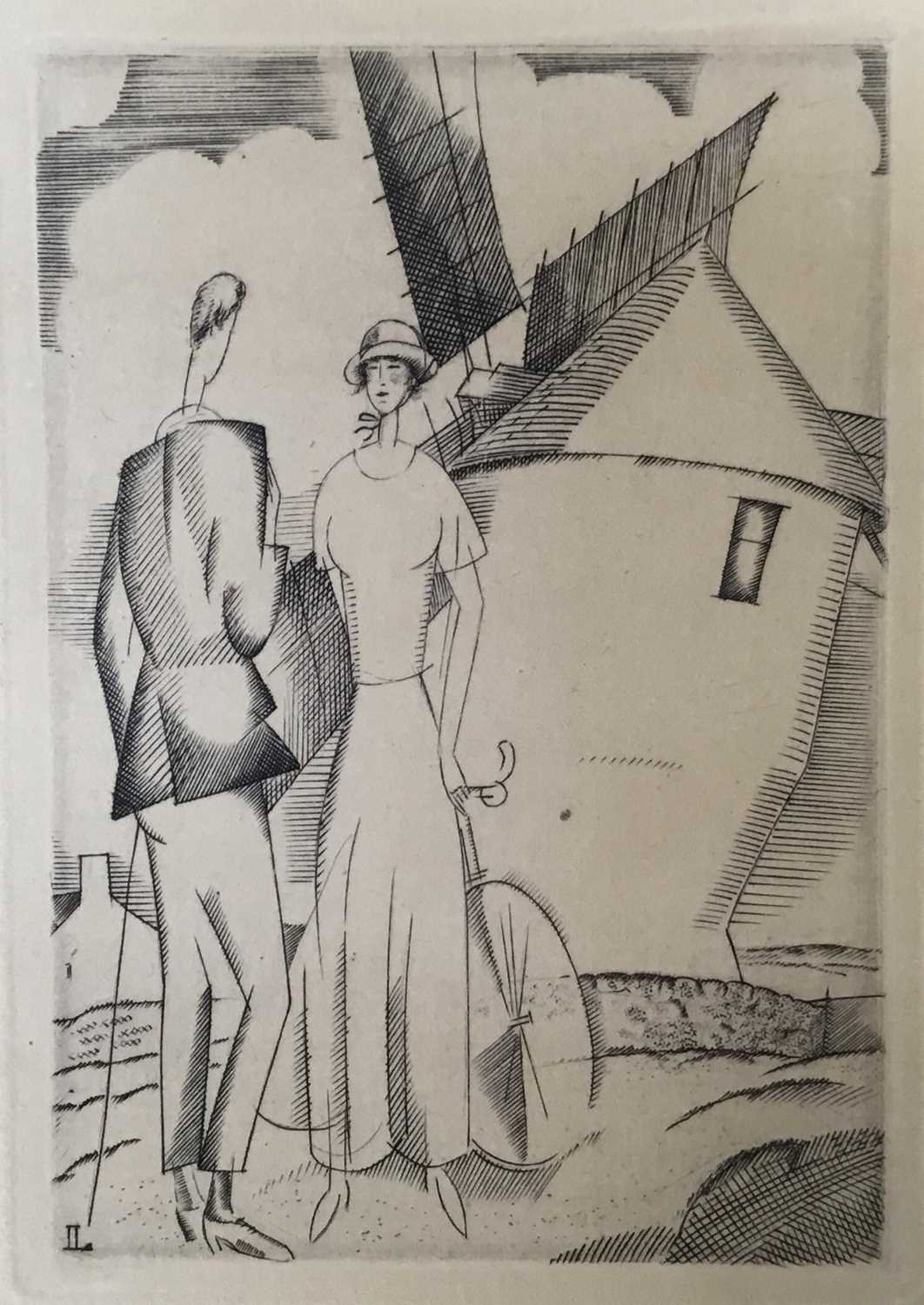 Lot 278 - Jean Émile Laboureur (1877-1943) etching - figures before a windmill, plate size 10cm x 7.5cm, sheet 24.5cm x 19.5cm