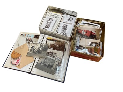 Lot 435 - Collection of Vintage car photographs and postcards and lot photographs of vintage motorcycles and tax discs.