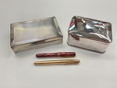 Lot 1025 - Silver cigarette box, Waterman and Parker fountain pens, and a silver plated box