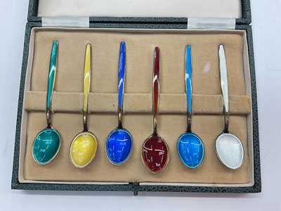 Lot 1026 - Set of six David Andersen Norwegian silver gilt and enamel coffee spoons in case