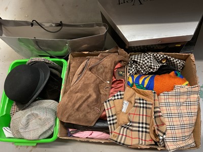 Lot 321 - Group of vintage and later clothing inlcuidng a Burberry waistcoat, occasion hats in boxes, other hats and accessories