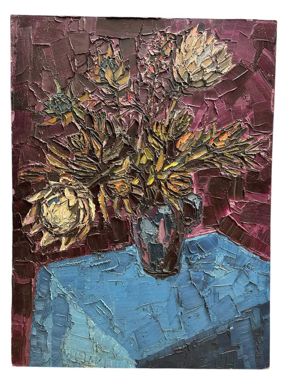 Lot 1395 - *David T. Smith (1920-1999), Suffolk artist, large oil on board - Still Life Proteas, inscribed verso, 122cm x 92cm, unframed