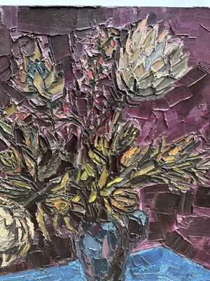 Lot 1395 - *David T. Smith (1920-1999), Suffolk artist, large oil on board - Still Life Proteas, inscribed verso, 122cm x 92cm, unframed