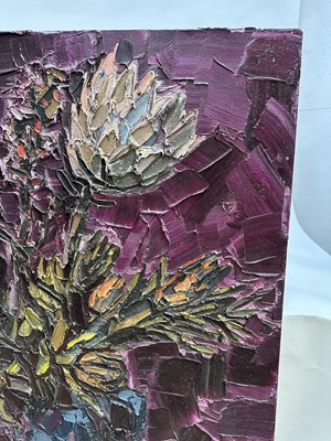 Lot 1395 - *David T. Smith (1920-1999), Suffolk artist, large oil on board - Still Life Proteas, inscribed verso, 122cm x 92cm, unframed