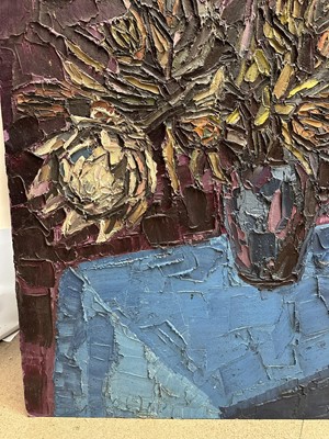 Lot 1395 - *David T. Smith (1920-1999), Suffolk artist, large oil on board - Still Life Proteas, inscribed verso, 122cm x 92cm, unframed