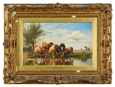 Lot 1318 - Manner of Thomas Sidney Cooper (1803-1902), oil on board - Cattle Watering, bearing signature, 25cm x 40cm, in original gilt frame