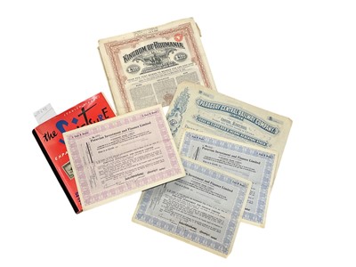 Lot 443 - Collection of old share certificates and an old stamp album including Chinese stamps