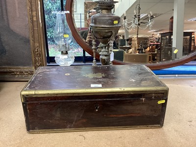 Lot 237 - Antique brass oil lamp converted to electricity, and other glass oil lamp and a George IV rosewood brass bound writing slope