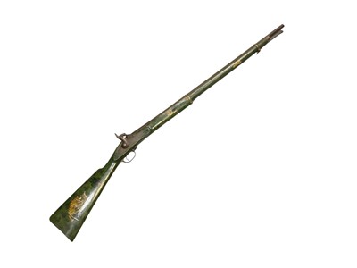 Lot 445 - 19th century Indian Enfield three band type percussion musket with decorative polychrome painted tiger decoration on green ground